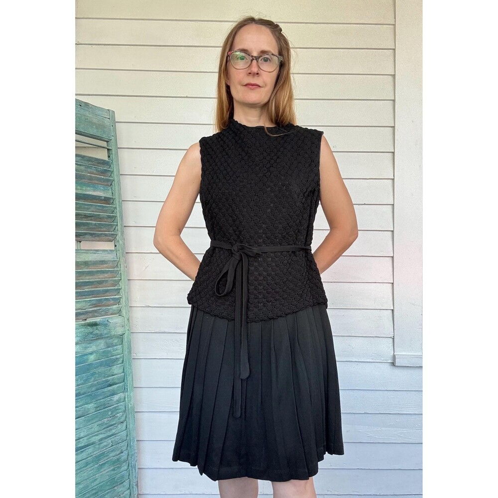 60s Black Dress Sleeveless Pleated Textured Sears Vintage S